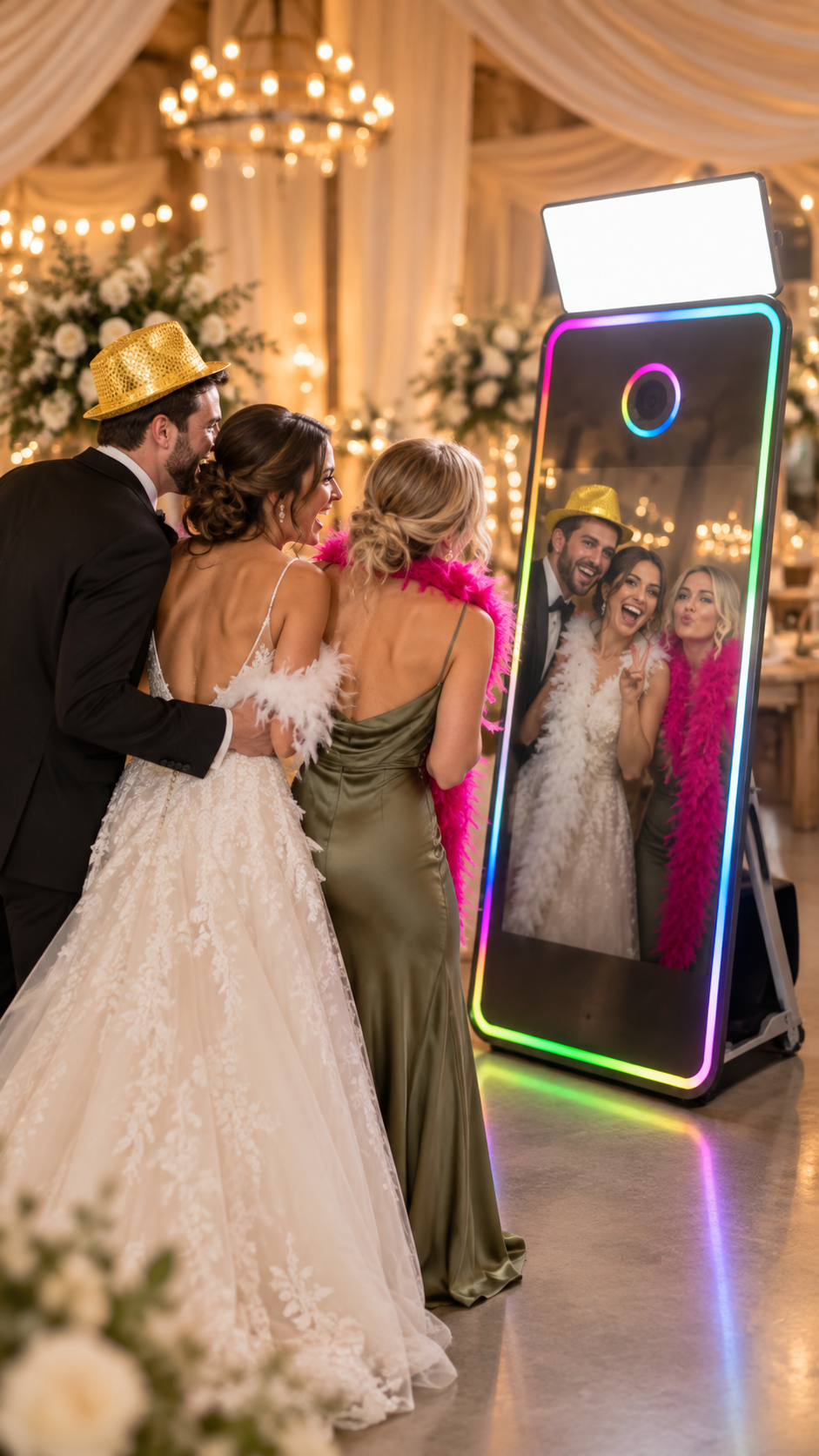 Styled promotional image of guests posing at a mirrored photo booth with colorful lighting